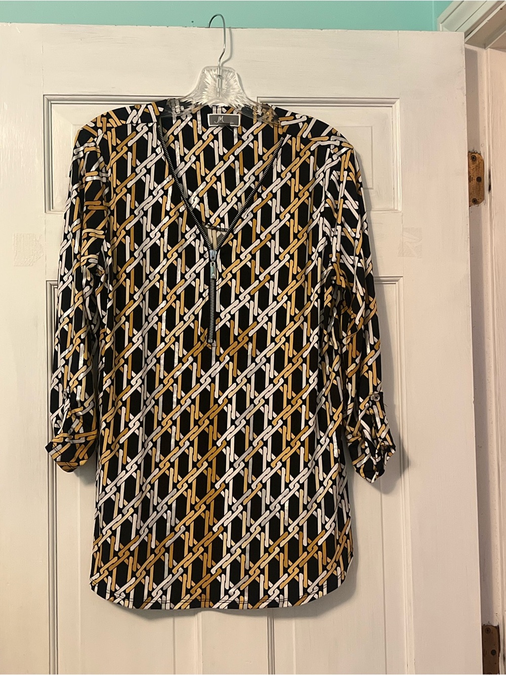 Women's Geometric Zip-Front Tunic Top - Black/Gold/White